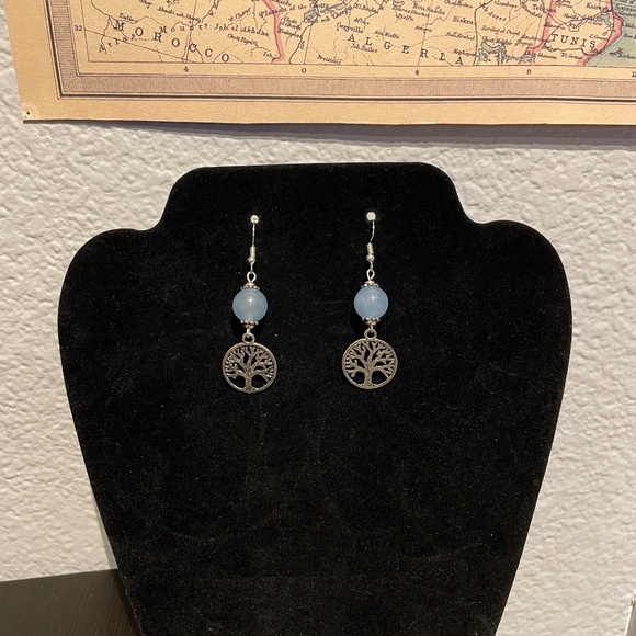 Silver Tree Of Life Carved Out With Light Blue Beaded Tiered Earrings - Picture 2 of 4